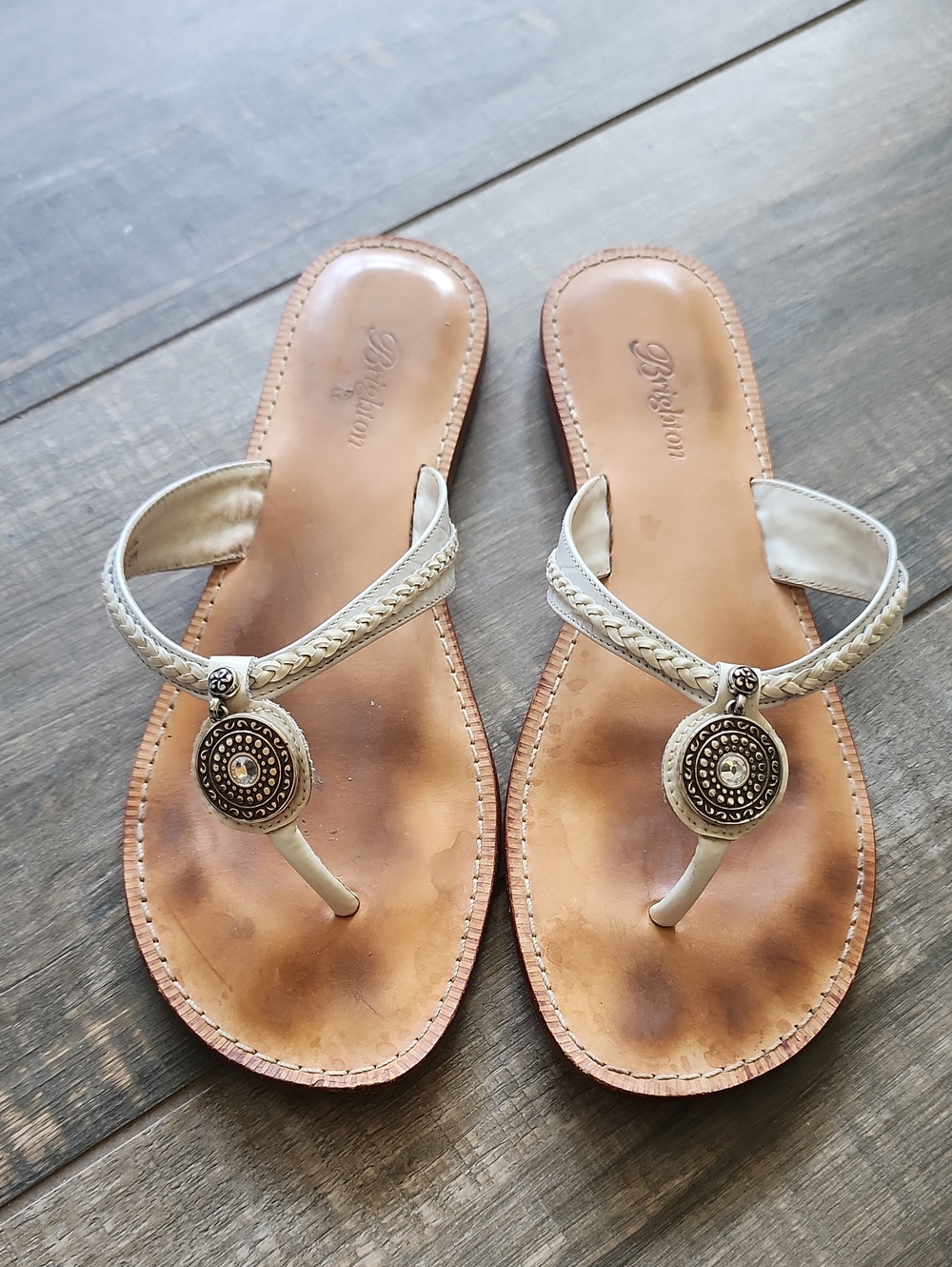 White Leather Brighton Sandal Flip Flops with Rhinestone Medalion 8